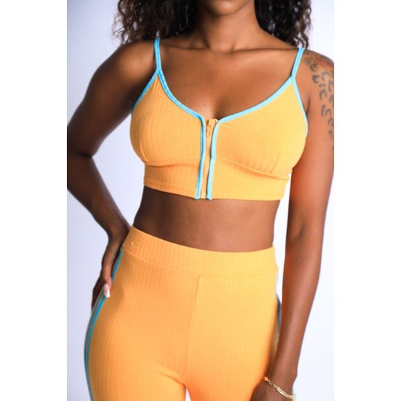 Tops - Women's Workout Sets 2 Piece Seamless Ribbed Zip Crop Tops Sports Bra Leggings